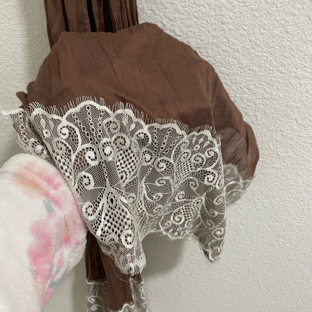 Brown Scarf with White Lace Trim